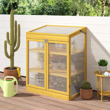 Wooden Cold Frame Greenhouse, 2-Tier Polycarbonate Mini Garden Greenhouse Cabinet, Durable Pine Wood Frame Keep