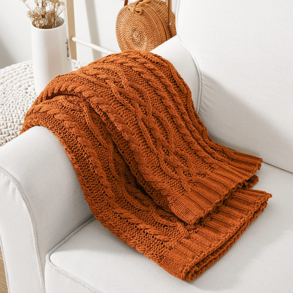 Rust Orange Throw Blanket for Couch, 51" x 67", Cable Knit Blanket