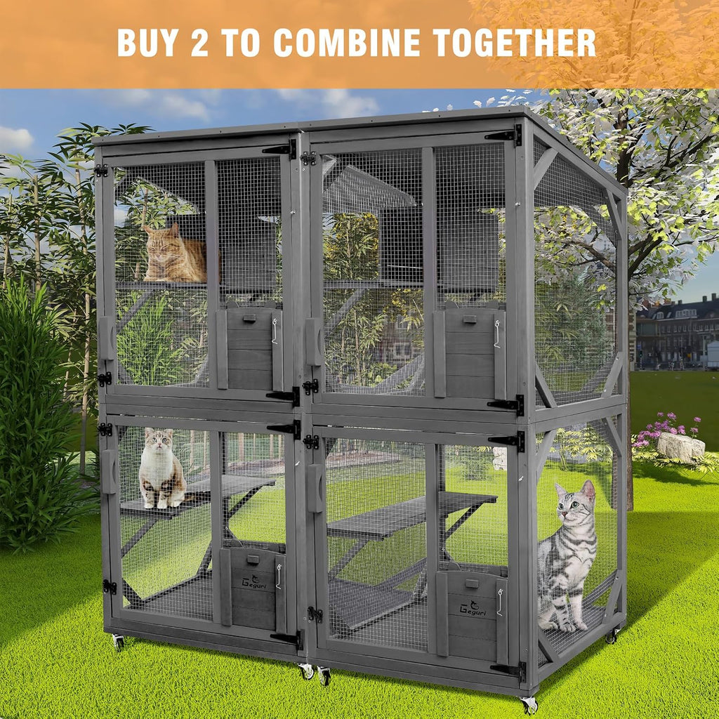 Cat Catio Outdoor Cat Enclosure, Large Wooden Kitten Patio Indoor with Upgraded Resting Box, Waterproof Roof