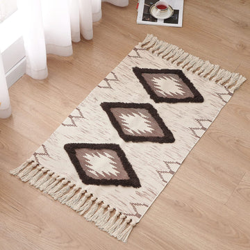 Boho Bathroom Rugs 2x3ft Farmhouse Bath Runner Rug, Small Tufted Cotton Accent Floor Mat with Tassels, Brown