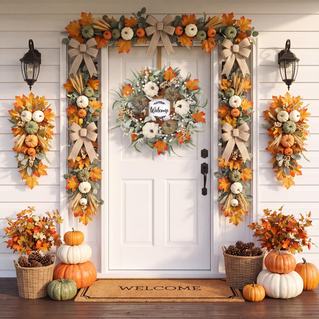 Fall Wreath 23'' for Front Door with Sign for Thanksgiving Autumn