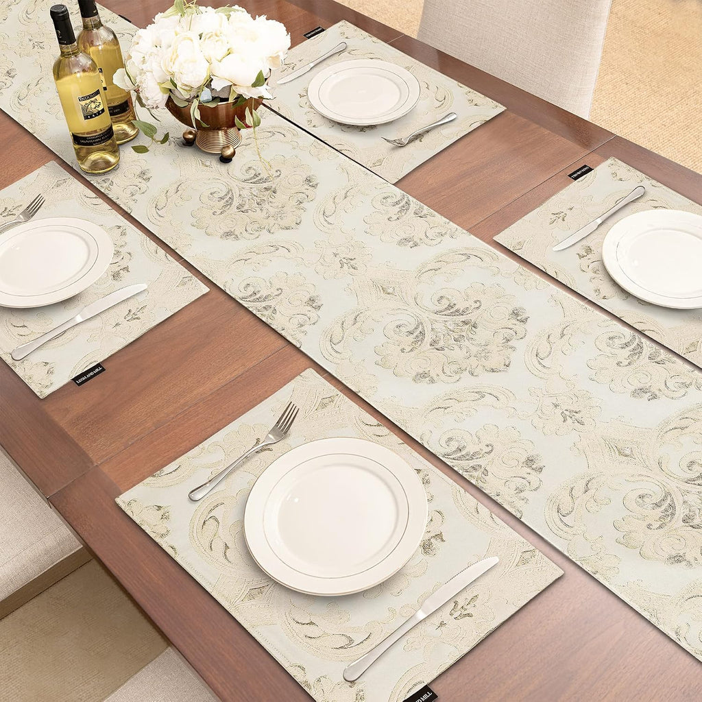 Luxury Damask Floral Placemats Set of 6, Light Apricot | Double Layer Design Jacquard Dining Table Mats Room