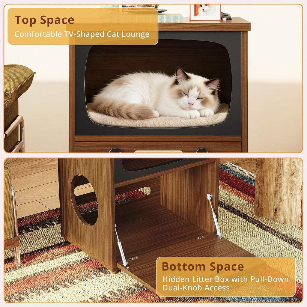 2-Tier TV Shaped Cat Litter Box Enclosure with Rattan Scratch Board