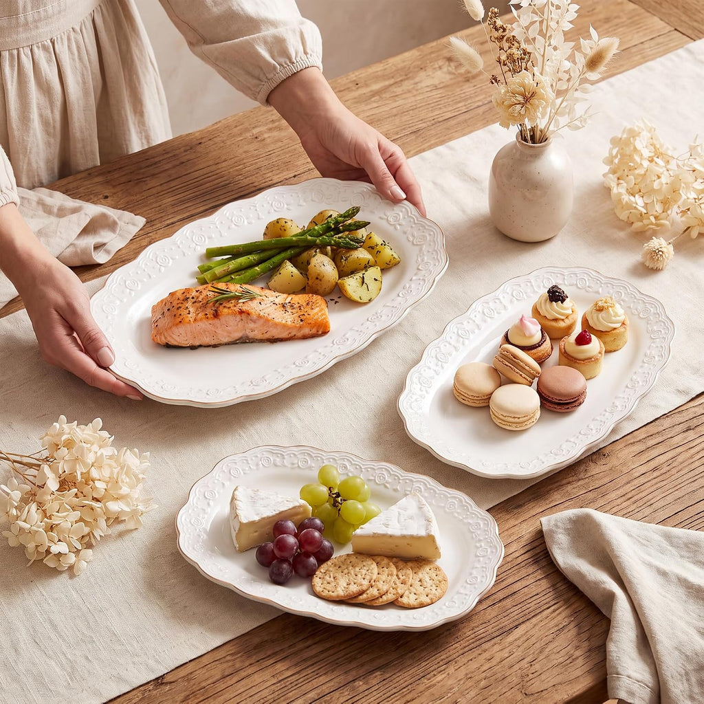 Ceramic Serving Platter Set | 14"/12"/10" Oval Serving Trays for Entertaining at Parties and Weddings | Oven Safe