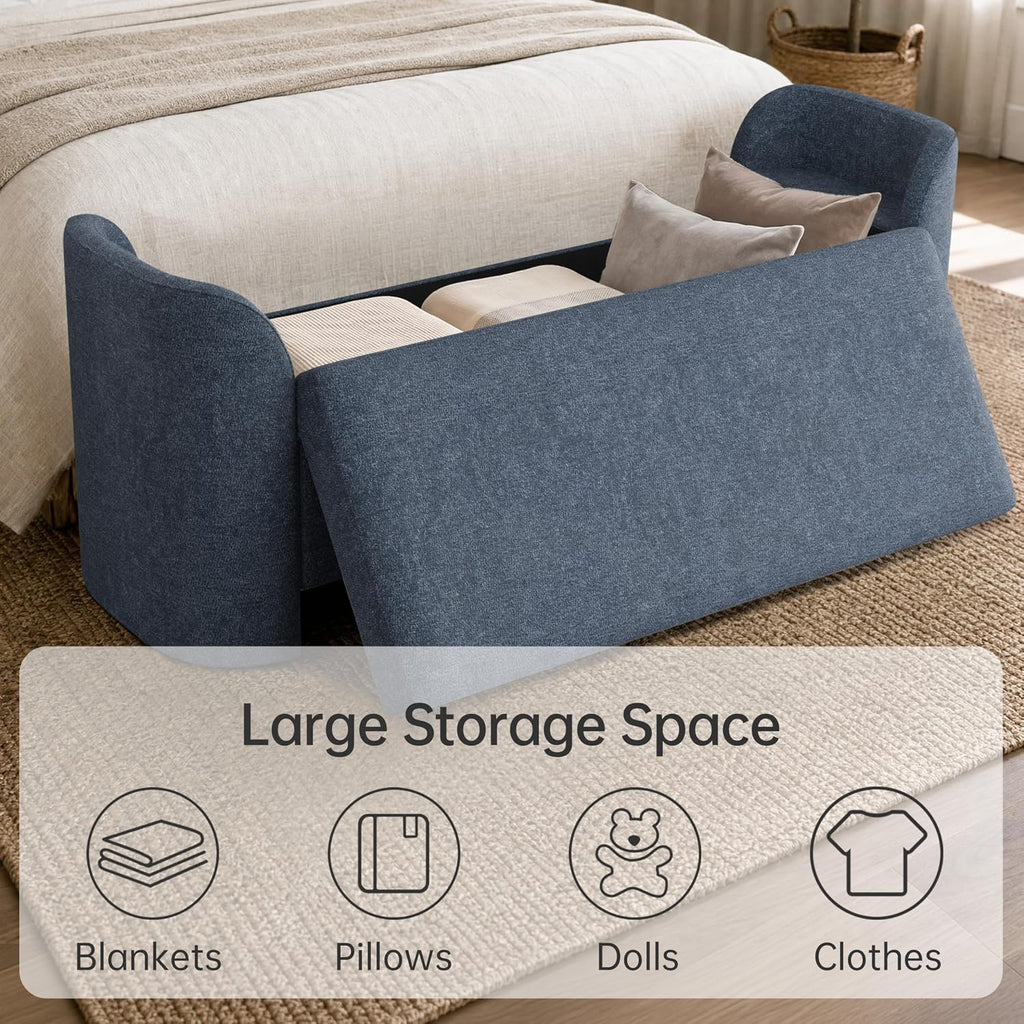 58.3" Upholstered Storage Ottoman Bench with 2 Throw Pillows, Beige | End of Bed Bench with Curved Arms and Thickened