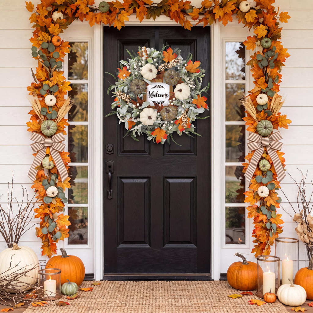 Fall Wreath 23'' for Front Door with Sign for Thanksgiving Autumn