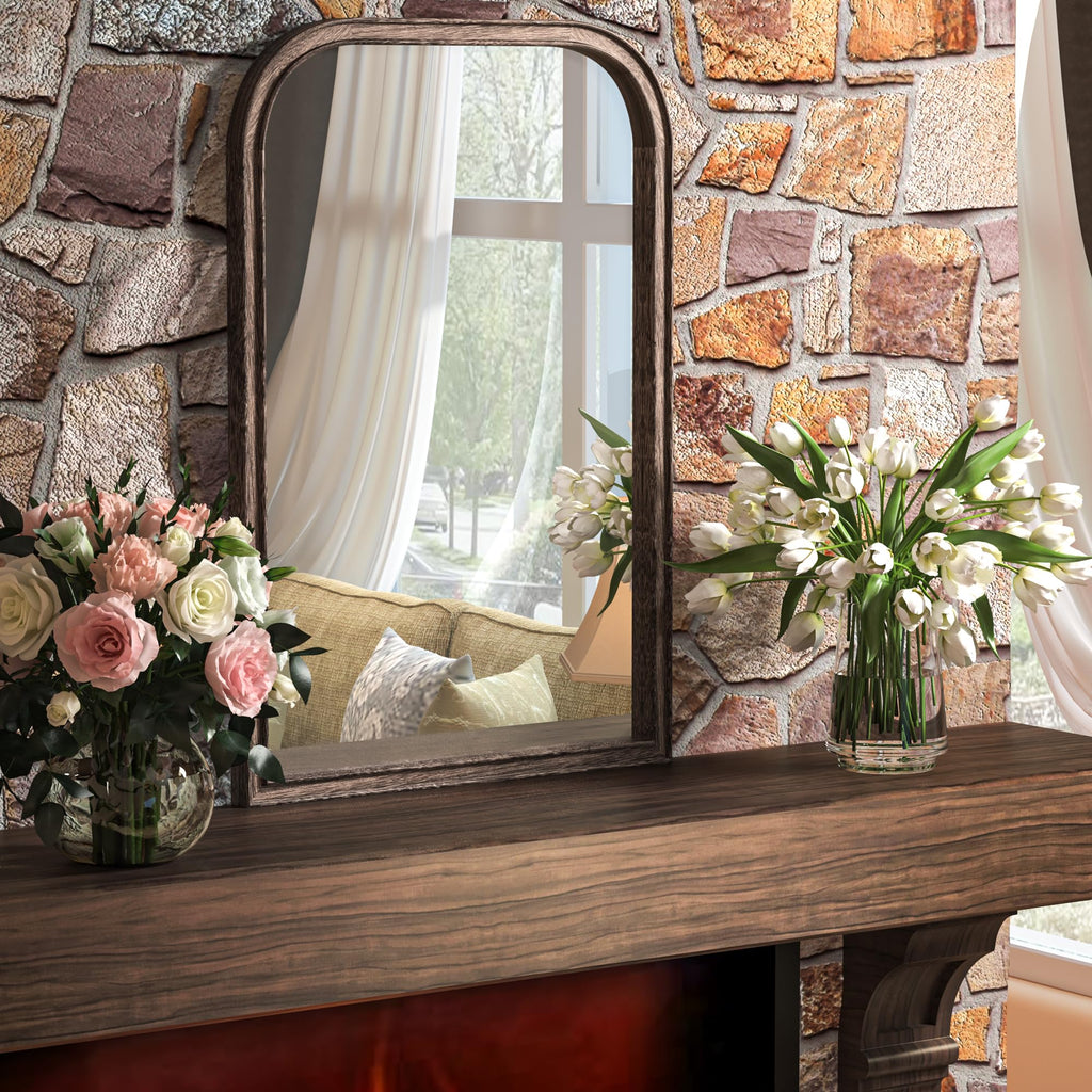 26"x38" Solid Wood Bathroom Mirror Tempered Glass for Wall Mounted, Rustic Wood Frame Wall Mirror Decorative Bedroom