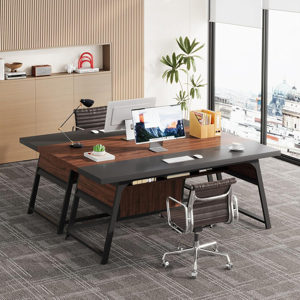 63-inch Executive Desk with Storage Shelf, Large Home Office Desk with Metal Frame & LED Light, Long Computer Desks