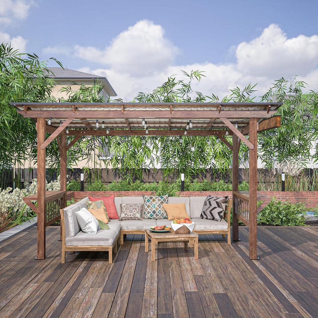 13' x 6.5' Wooden Grill Gazebo Metal Roof, Bulbs, Bar Counters, Patio Hardtop Grill Pergola, BBQ Canopy for Lawn, Garden, Outdoor Patio, Backyard