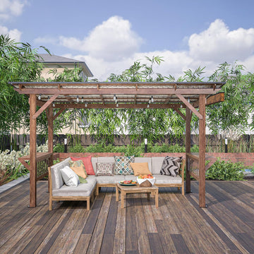 13' x 6.5' Wooden Grill Gazebo Metal Roof, Bulbs, Bar Counters, Patio Hardtop Grill Pergola, BBQ Canopy Patio, Lawn