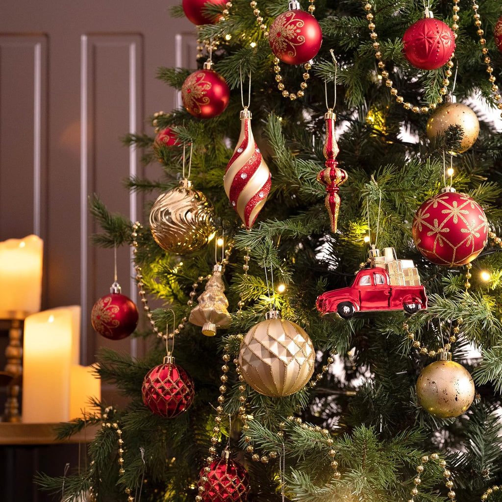 Christmas Ball Ornaments, 60ct Red and Gold Shatterproof Christmas Tree Decorations Set&Lighted Christmas Angel Tree