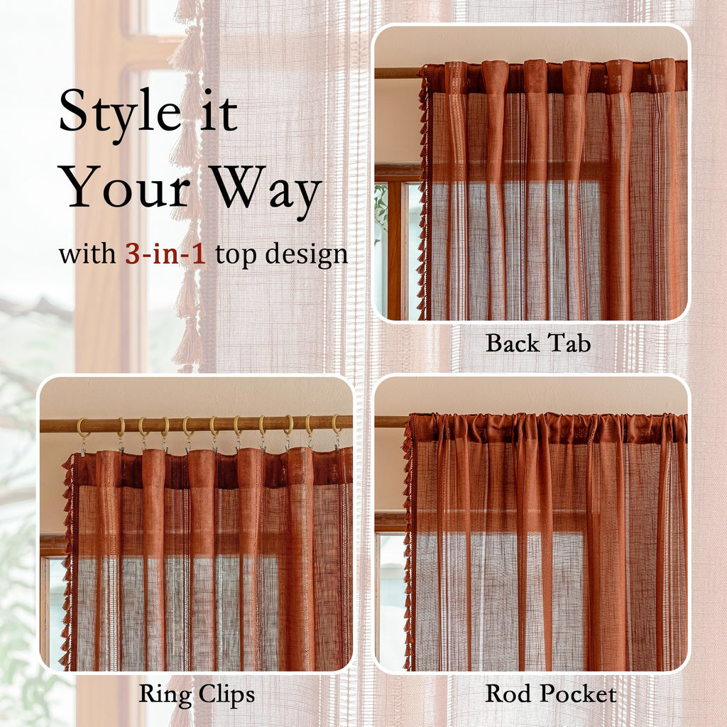 Bohemian Farmhouse Ceiling Curtains with Macrame, Semi Sheers Light Filtering Privacy Protect Hollowed-Out Window