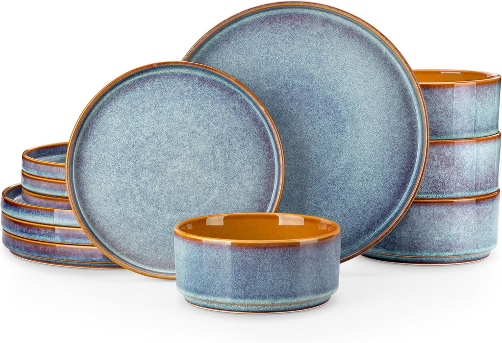 ONION Ceramic Dinnerware Sets, 12 Pieces Stoneware Plates and Bowls Sets for 4