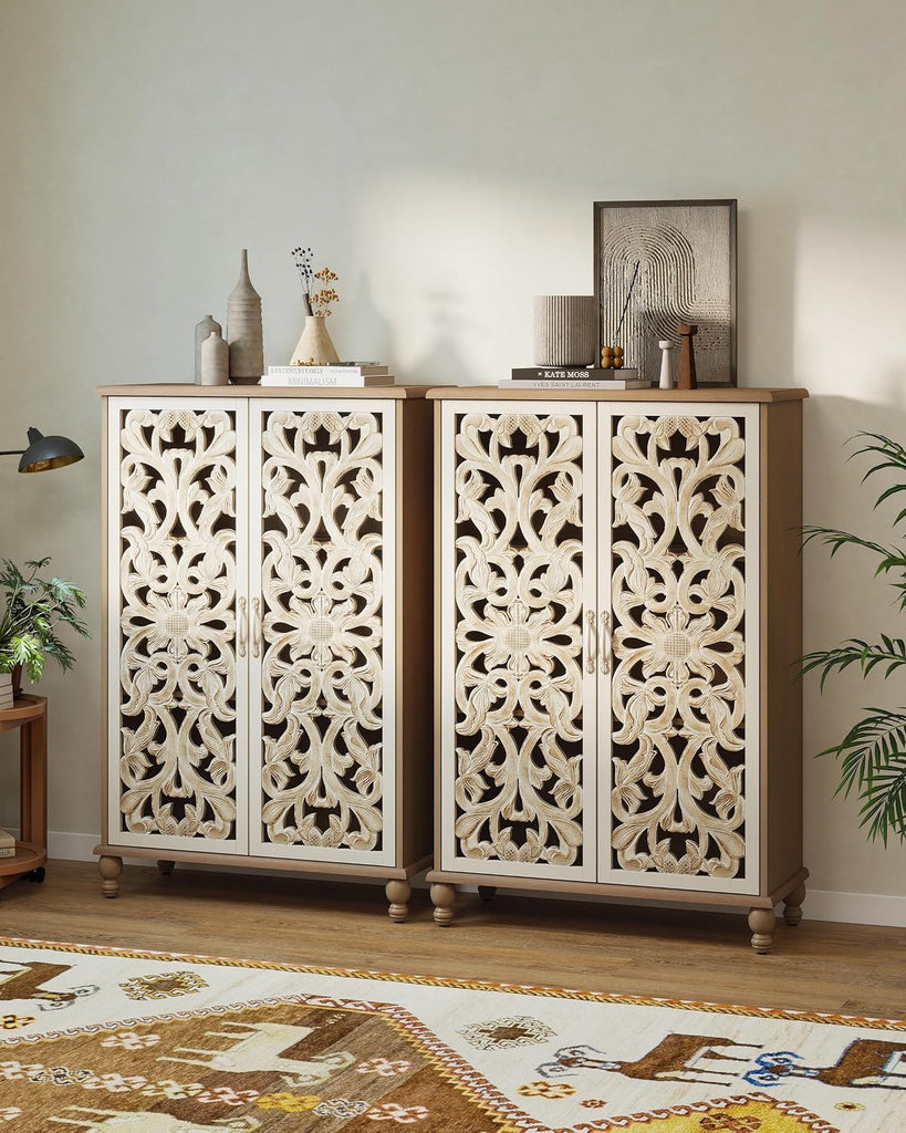 47" Tall Accent Cabinet with Carved Doors, White & Natural | Narrow Boho Farmhouse Sideboard with 3 Adjustable