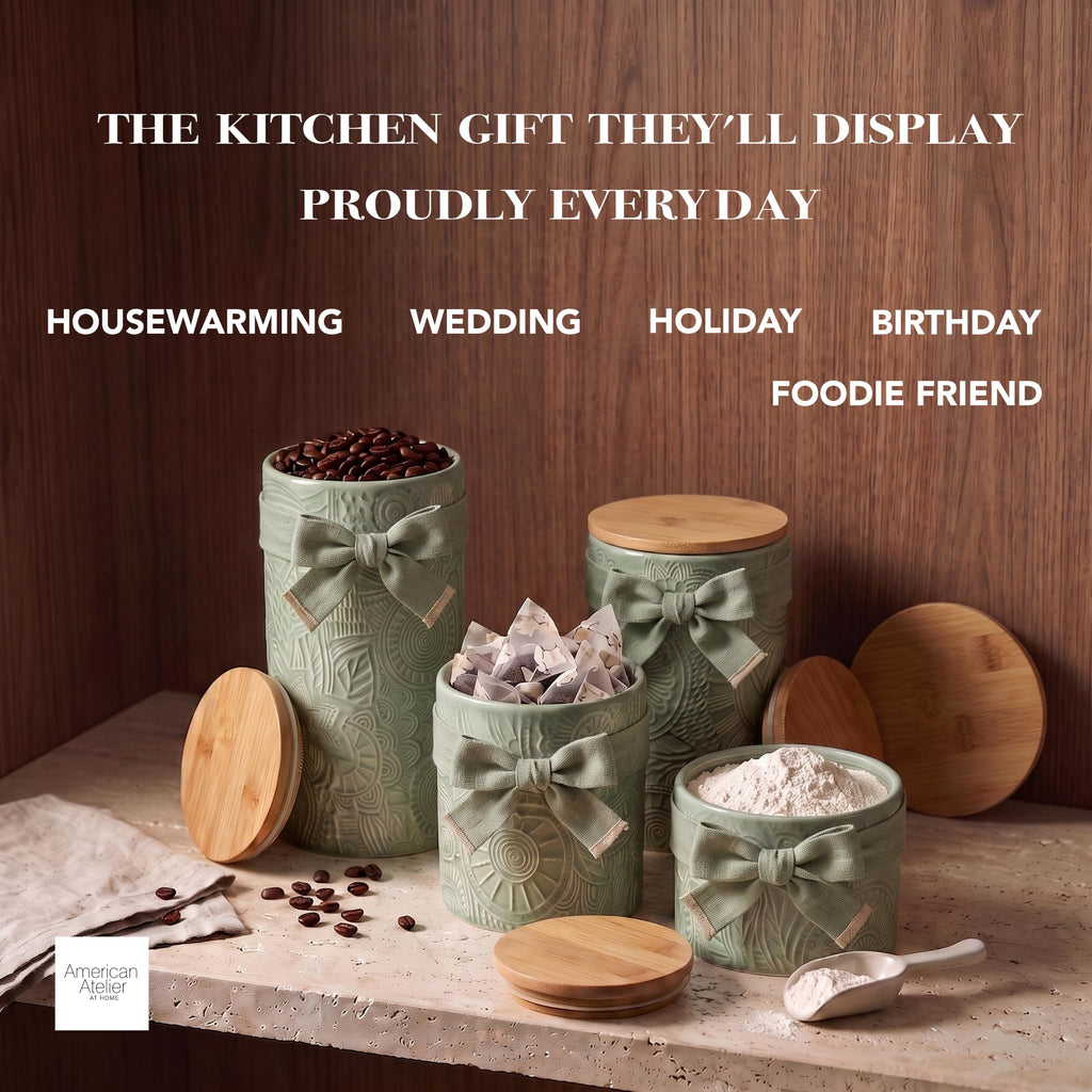 Ceramic Kitchen Canister Set Embossed, Wood Lids Sage, 4PC