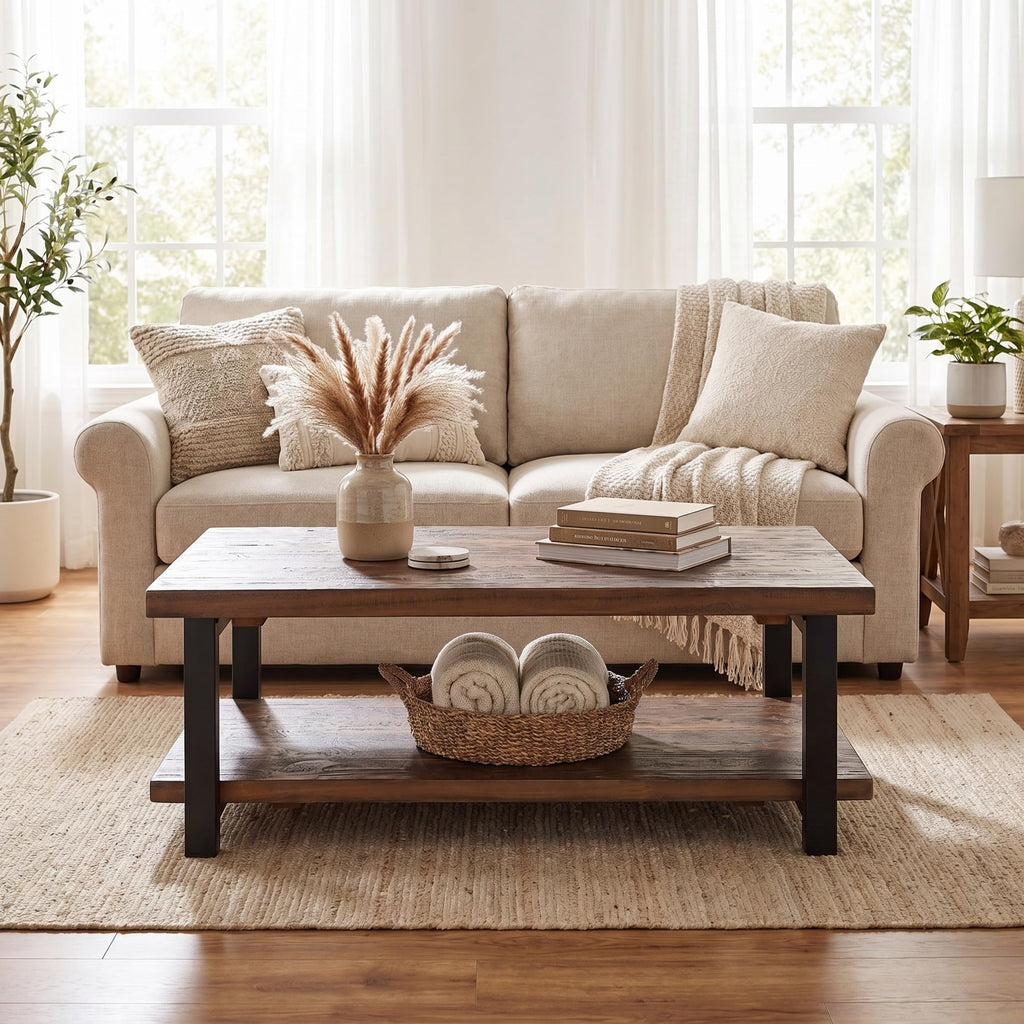 Pomona Solid Wood Coffee Table, Rustic Brown, 48"