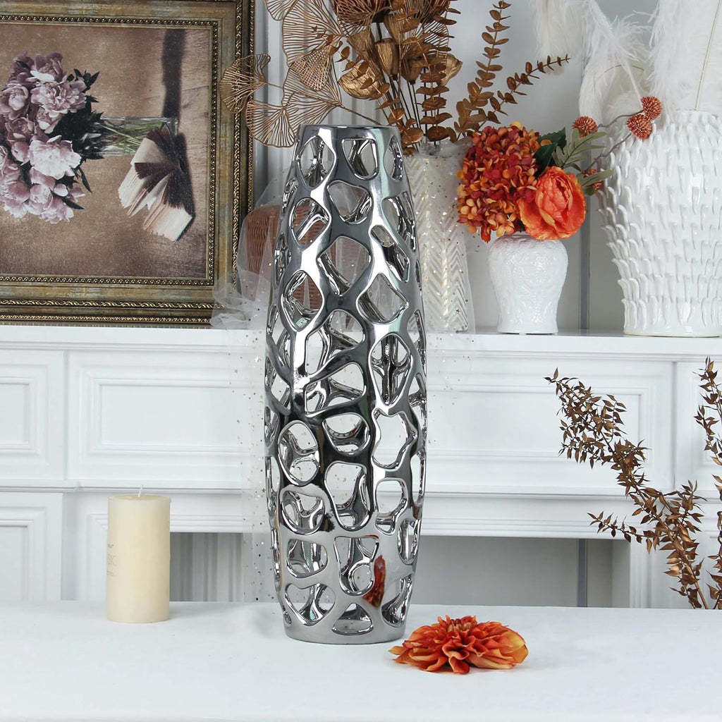 24'' High Ceramic Floor Vase Silver | Handmade Vase with Hand Carved Hollow Pattern for Decorative Branches and Dried