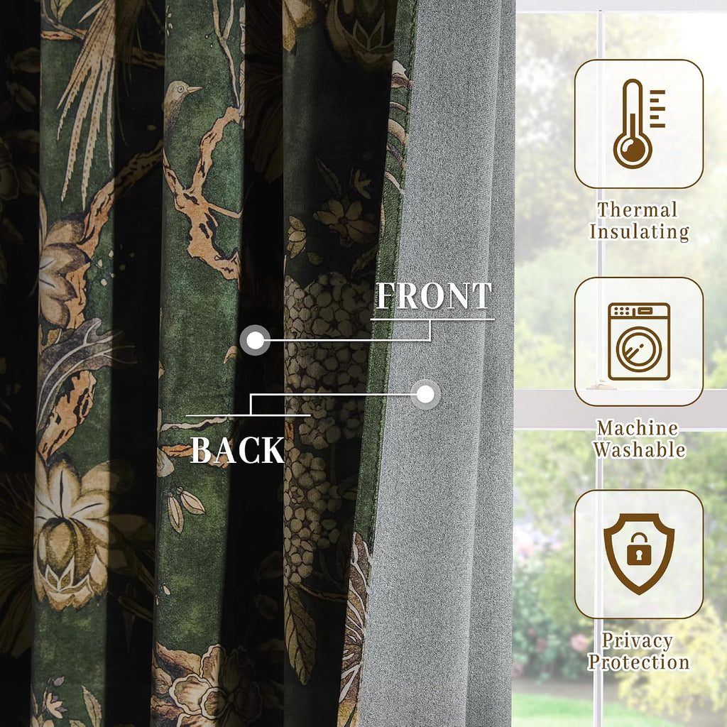 Green Printed Velvet Curtains,Retro Luxury Floral Peacock Pattern Super Soft Durable Fabric Room Darkening Privacy