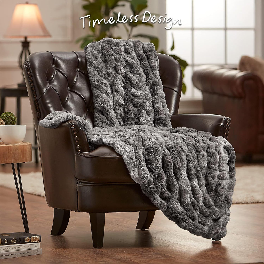 Premium Ruched Faux Fur Throw Blanket - Luxurious, Soft Reversible Mink Blanket - 108" x 86" (King Size) - Dark Gray