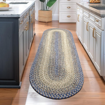 Braided Rugs Farmhouse Kitchen Rug - Ridgewood Braided Rug - Reversible - Indoor/Outdoor - Made in USA - Blue/Beige