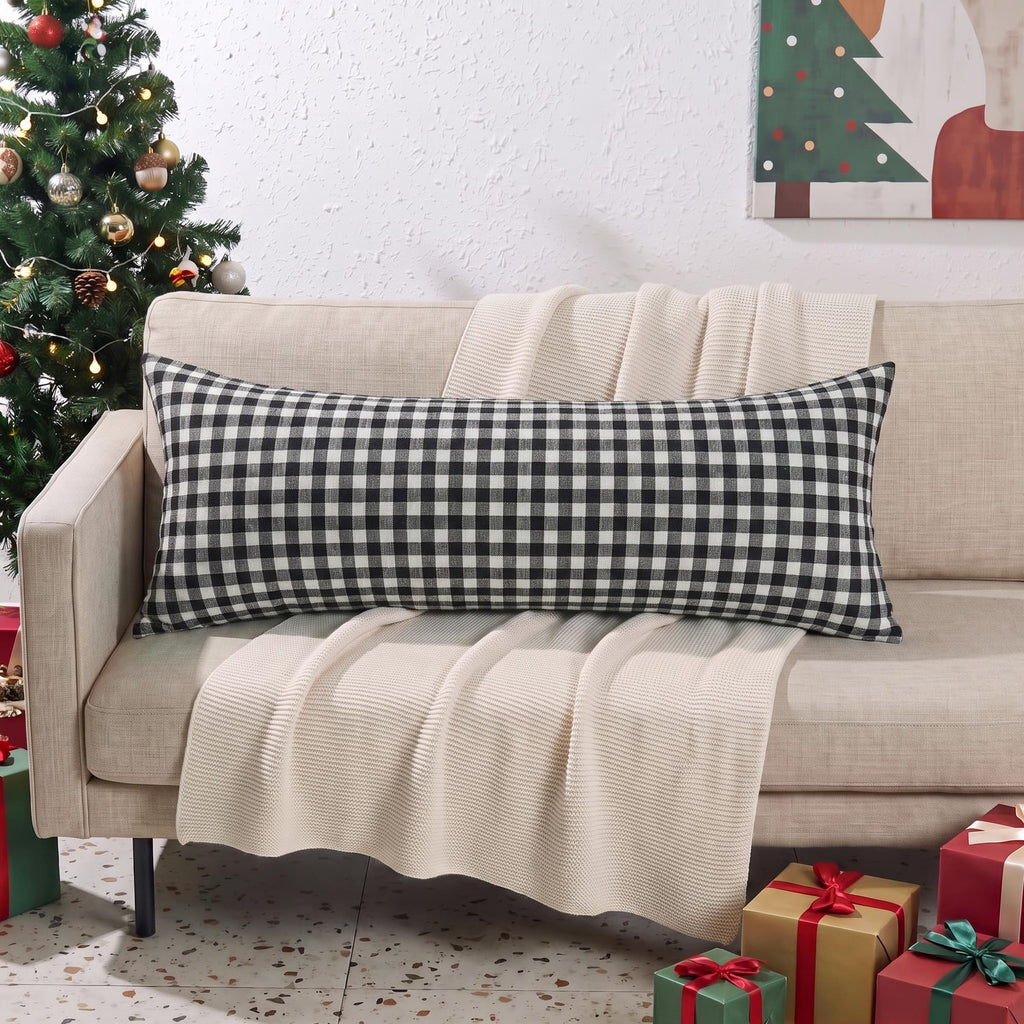 Black and White Decorative Long Body Gingham Plaid Throw Pillow Cover 14x36