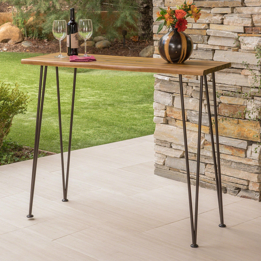 Denali Ouotdoor Industrial Acacia Wood Bar Table with Iron Frame, Teak Finish / Rustic Metal