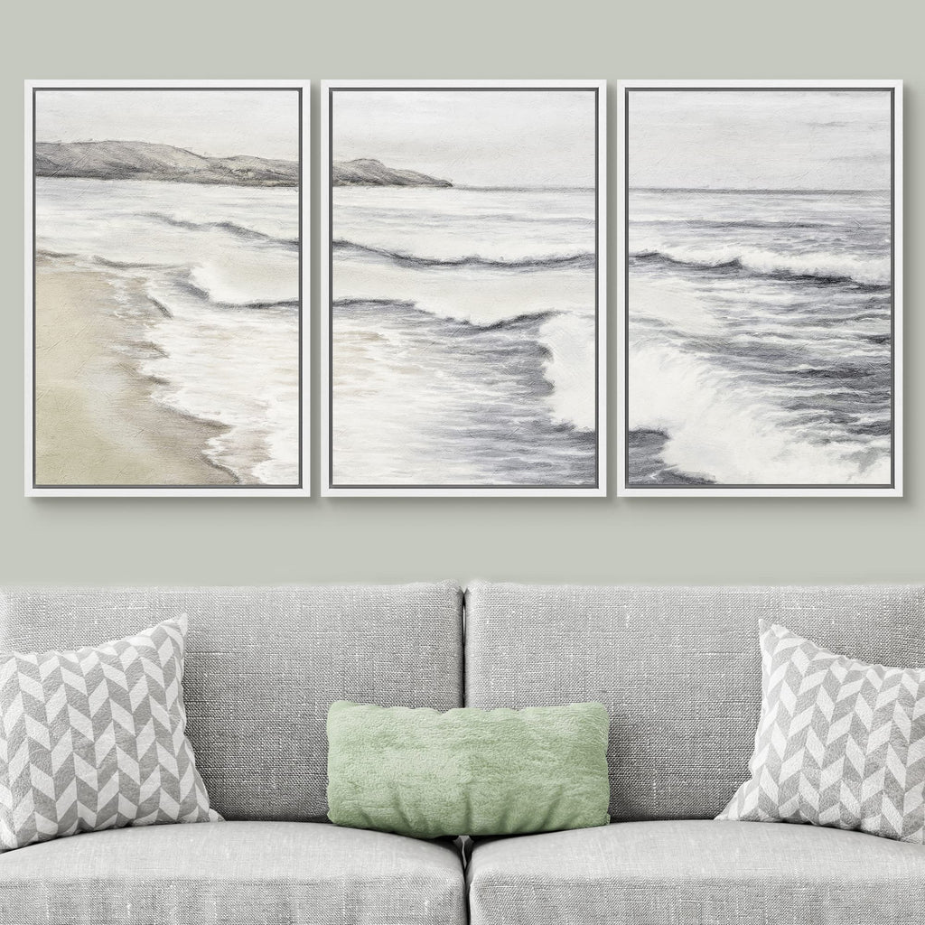 Framed Canvas Print Wall Art Set Ocean Wave Beach Shore Seascape Nature Wilderness Illustrations Modern Art