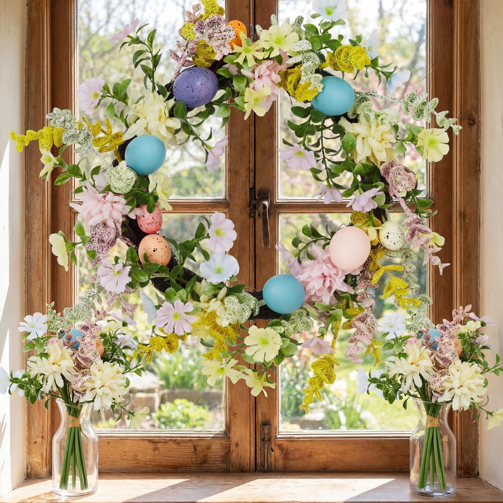 Easter Wreath for Front Door - 18in Spring Flower Wreath with Easter Eggs & Lush Greenery, Artificial Floral Door