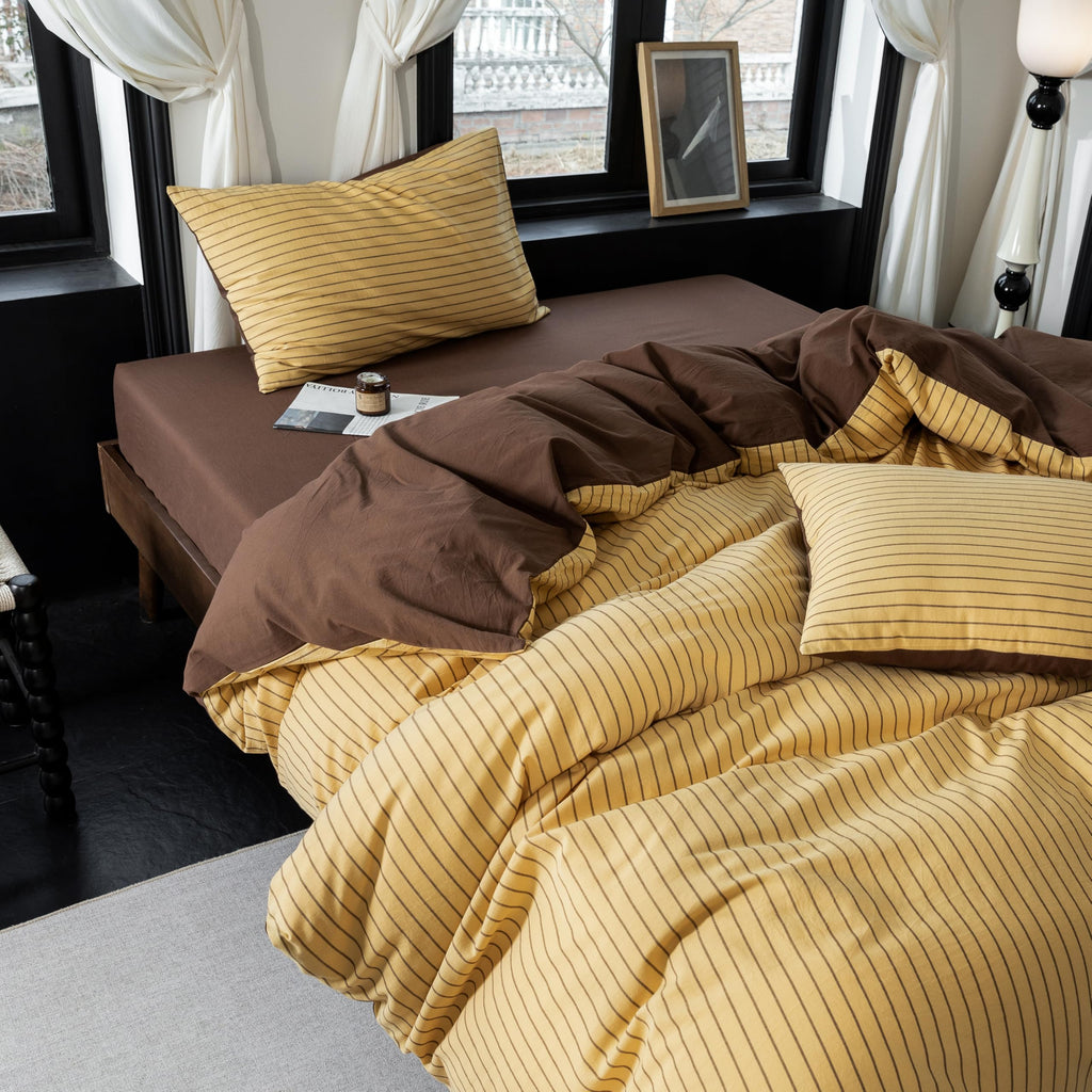 3Pcs Reversible Yellow Brown Striped Queen Duvet Cover Set