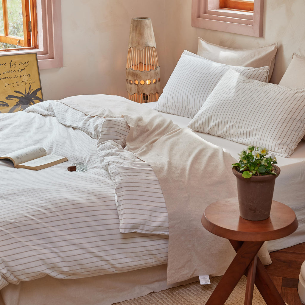 100% Washed Cotton Striped Duvet Cover Set 3 Pieces (1 Duvet Cover 88"x92", 2 Pillow Shams) Breathable
