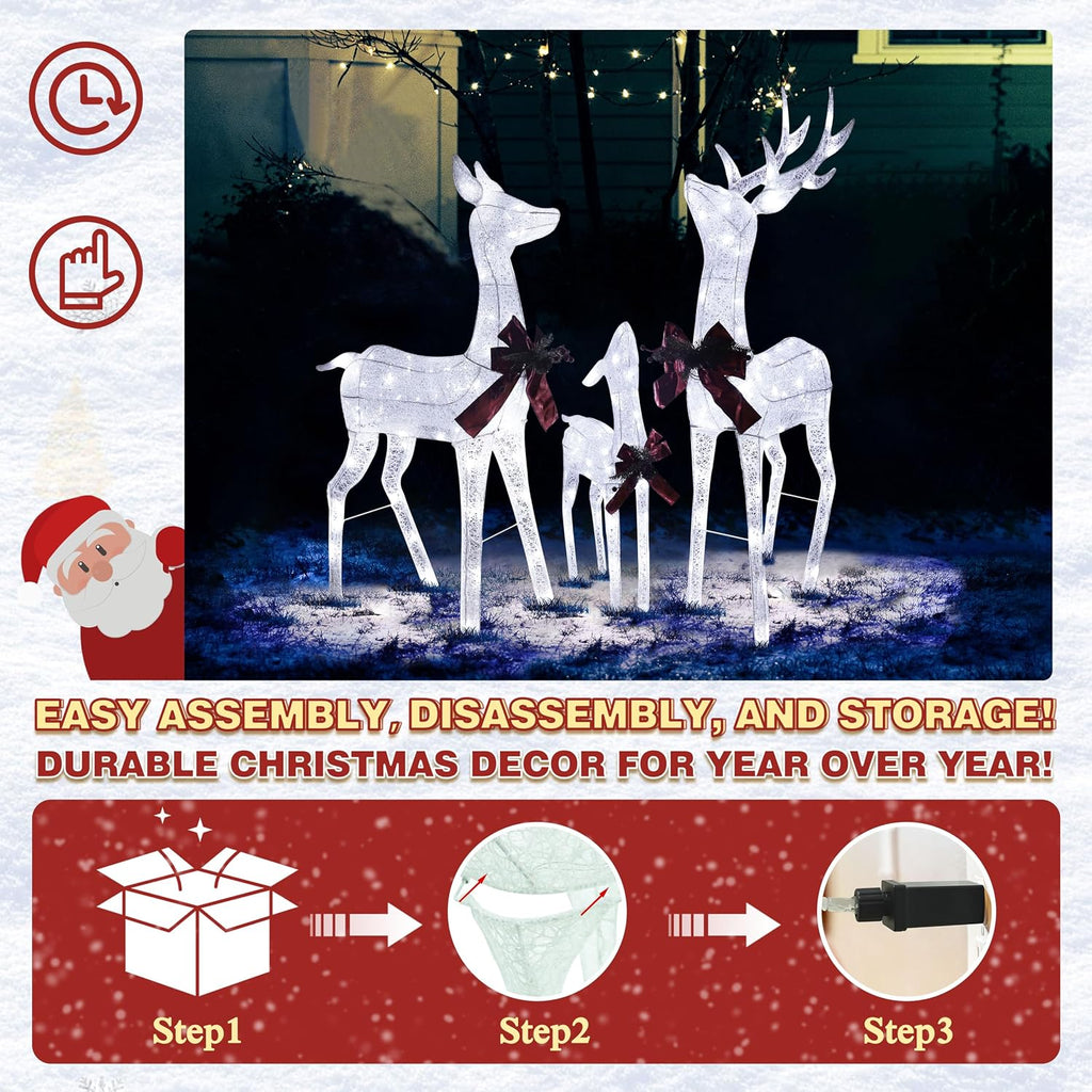 Outdoor Christmas Decoration Lighted Deer Family Set Indoor, Christmas Holiday Yard Decor 3-Piece Set for Lawn