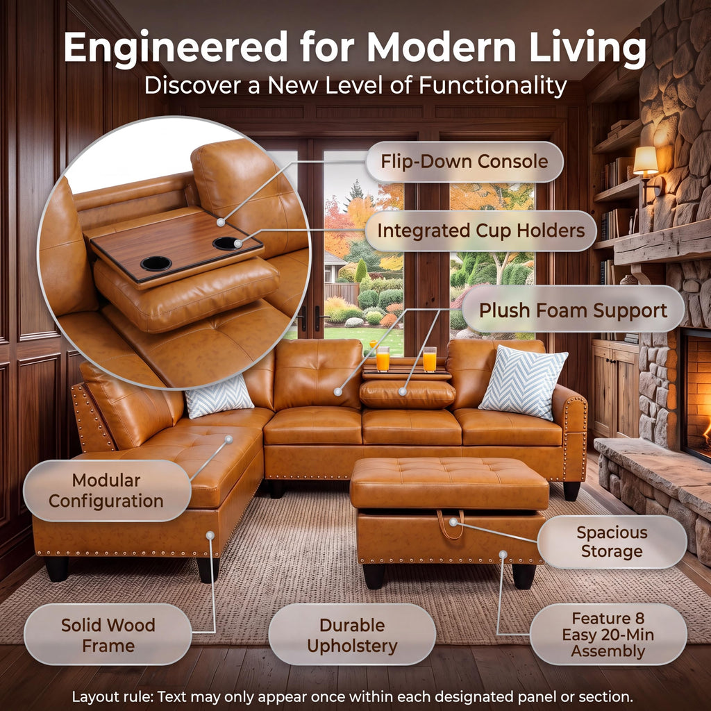Faux Leather L-Shaped Couch Set, 98"L x 71"W Sectional Sofa Orange