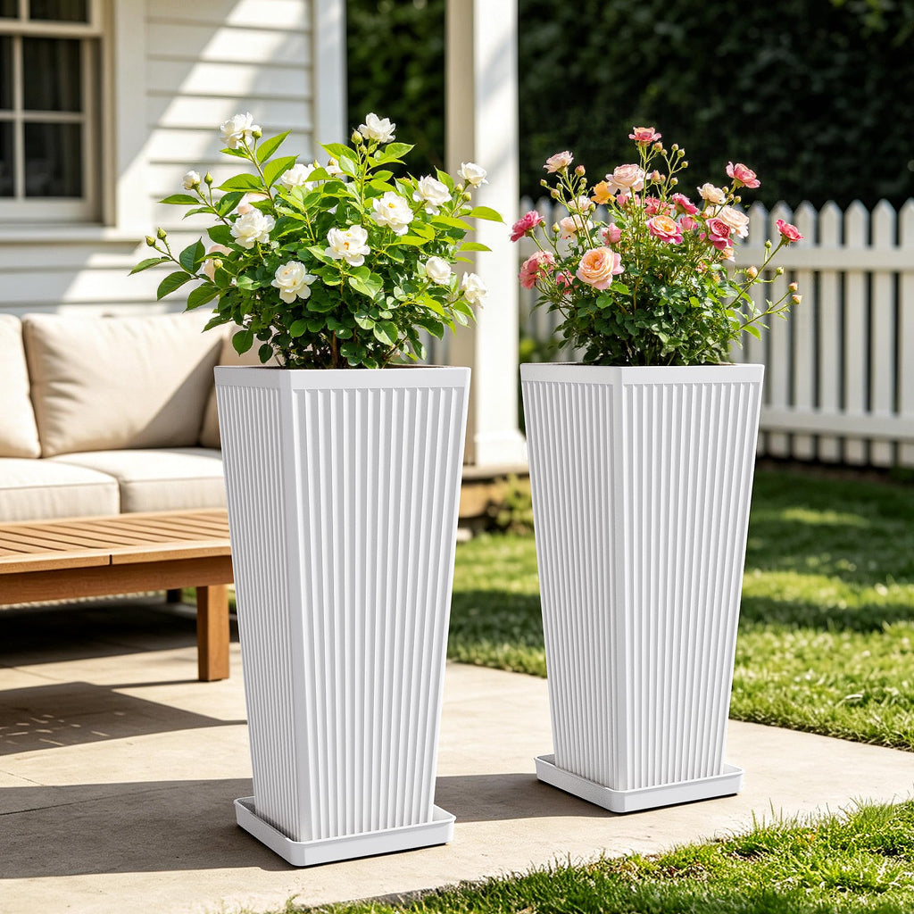 24" Tapered Tall Planters for Outdoor Plants with Tray&Shelf, White