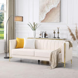 FOTOSOK White Leather Couch Sofa, Office Couches 78'' Apartment Faux Leather Sofa with 2 Throw Pillows & Gold Metal