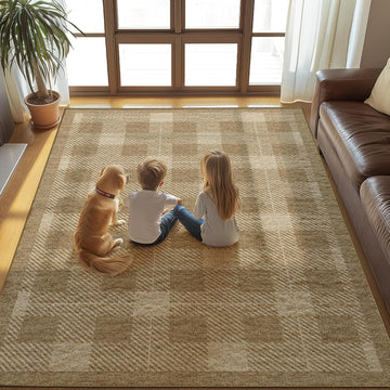 Washable Checkered Rug, Brown Tan Checkerboard Modern Minimalist Large Foldable Area Rug, Ultra-thin Low Pile