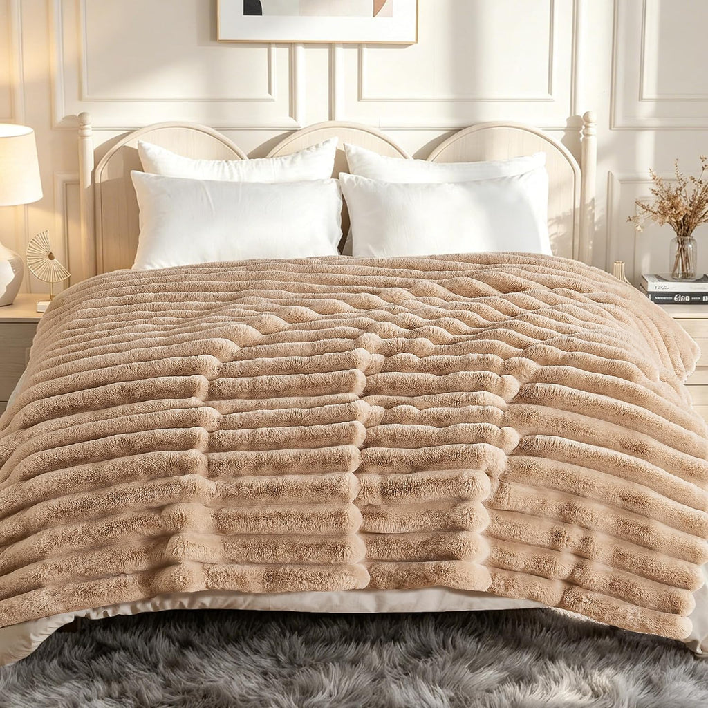 Faux Fur Twin Blanket for Couch Cozy Soft Plush Thick Striped | Luxury Blanket for Sofa, Living Room, Bedroom, 60" x