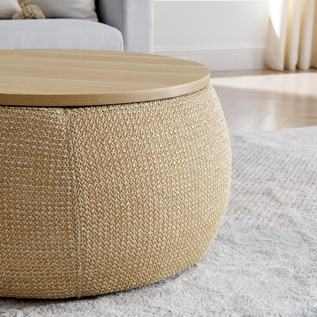 Round Storage Coffee Table Ottoman, Woven Rattan Fabric 2-in-1 Hidden Storage Center Table with Removable Seat