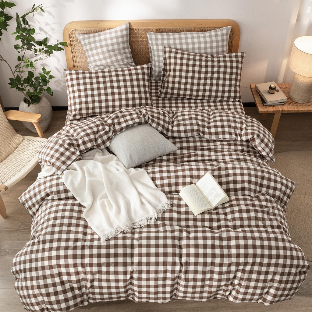 Gingham Cotton Duvet Cover Set Cocoa Brown Full