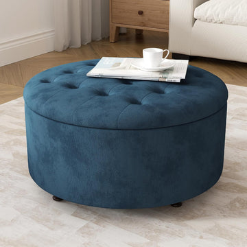 30 Inch Round Storage Ottoman,Modern Blue Tufted Ottomans,Circular Coffee Table with Removable Top,Upholstered Large