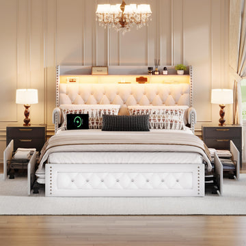 Queen Size Bed Frame with 4 Storage Drawers, Velvet Upholstered Queen Platform Bed with Charging Station and Storage