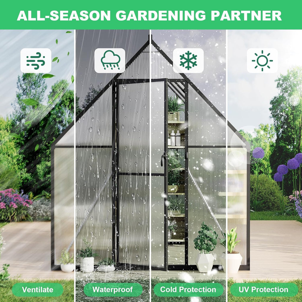 6X7 ft Aluminum Polycarbonate Greenhouse, Heavy Duty Greenhouses for Outdoors with Roof Vent, Lockable Door, Large