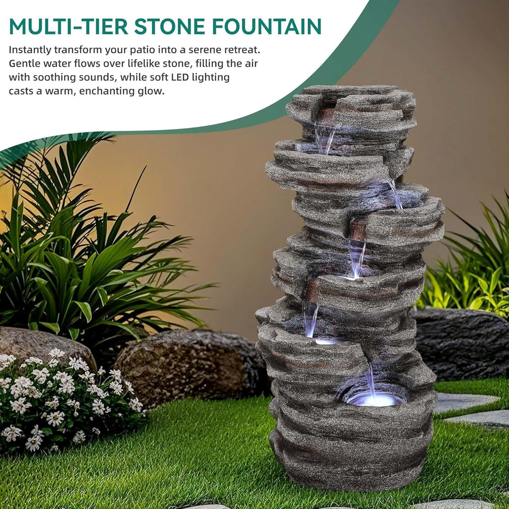 Extra-Large 6-Tier Outdoor Water Fountain with LED Lights, Cascading Rock Waterfall for Garden Patio Porch