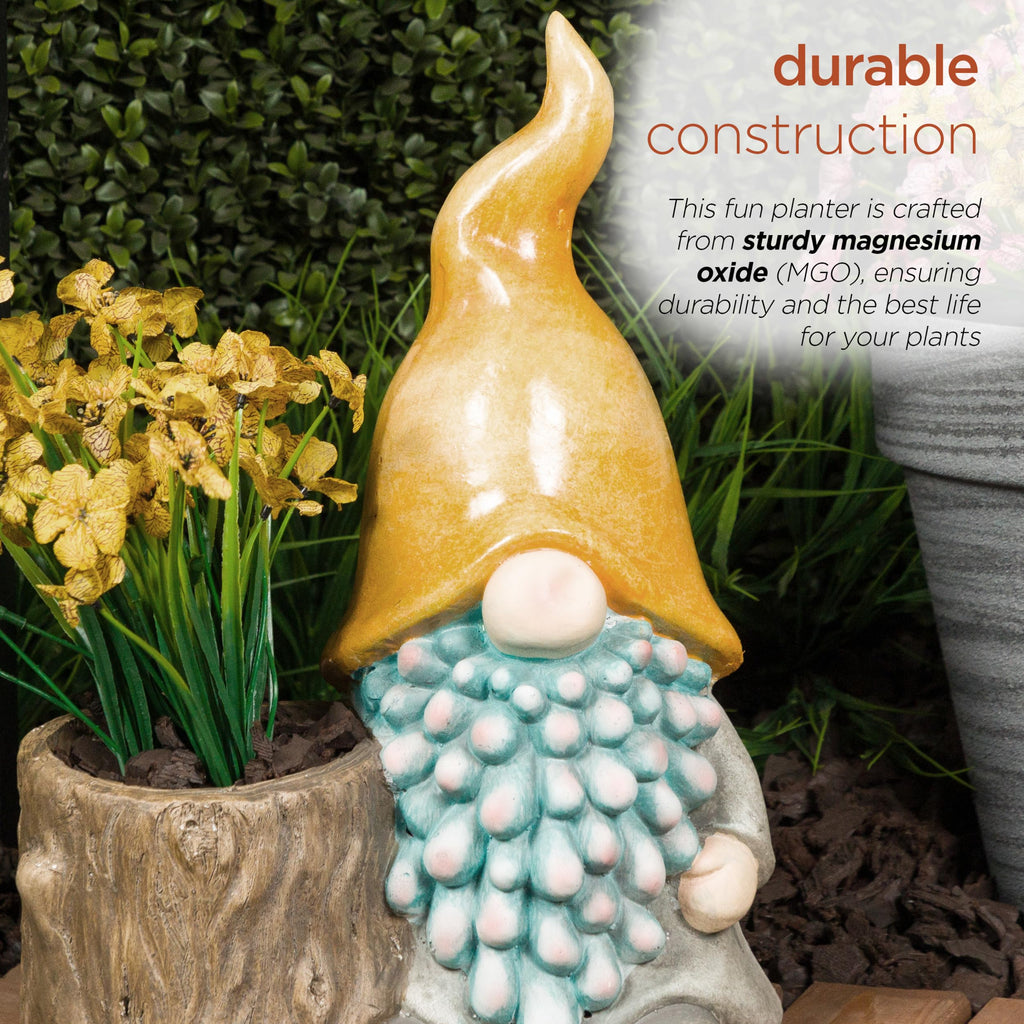 16" Tall Outdoor Yellow Hat Gnome Statue with Drainage Hole Planter, Weatherproof Garden Decor