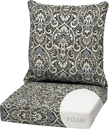 Outdoor Deep Seat Cushion Set, Foam, 22x24, Black Damask | Sofa, Couch, Conversation Set, Premium High-Density Foam