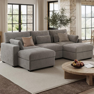 113.4'' Modular Sectional Sofa, U Shaped Oversized Extra Deep Couches, 3-Seat Chenille Couch with Wooden Legs