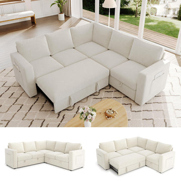 Sectional Sleeper Sofa, Pull Out Couch with Storage, Beige, 5 Seat