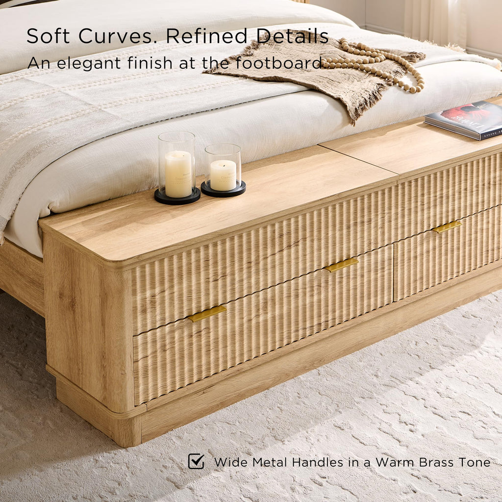 Fluted Queen Bed with Headboard and Storage Bench, Natural Oak