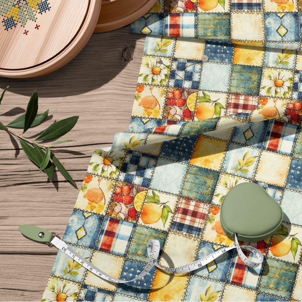 Patchwork Cotton Fabric Panel 61 x 36.6 Inches, Lemon Fruit Quilt Style Pattern, Rustic Blue Yellow Design, 100%