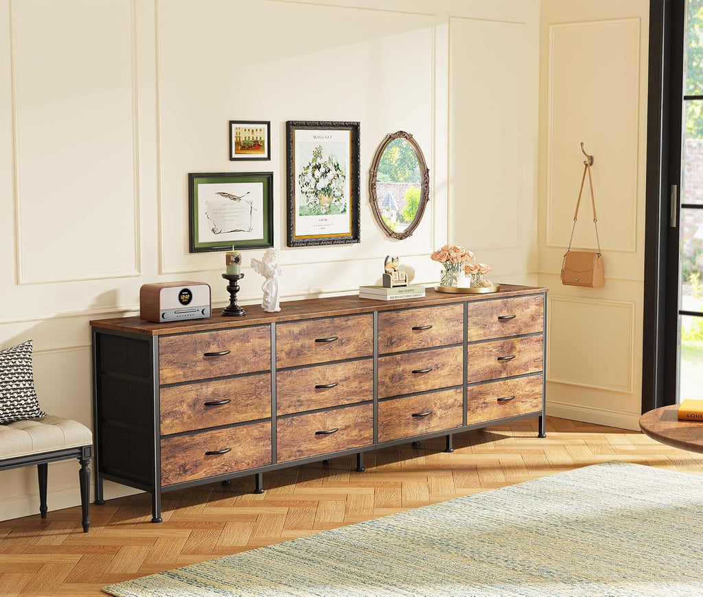 70 Inch Dresser , TV Stand for 65, 75, 80 Inch TV, 12 Fabric Drawer Long Dresser, Large Entertainment Center , Wide