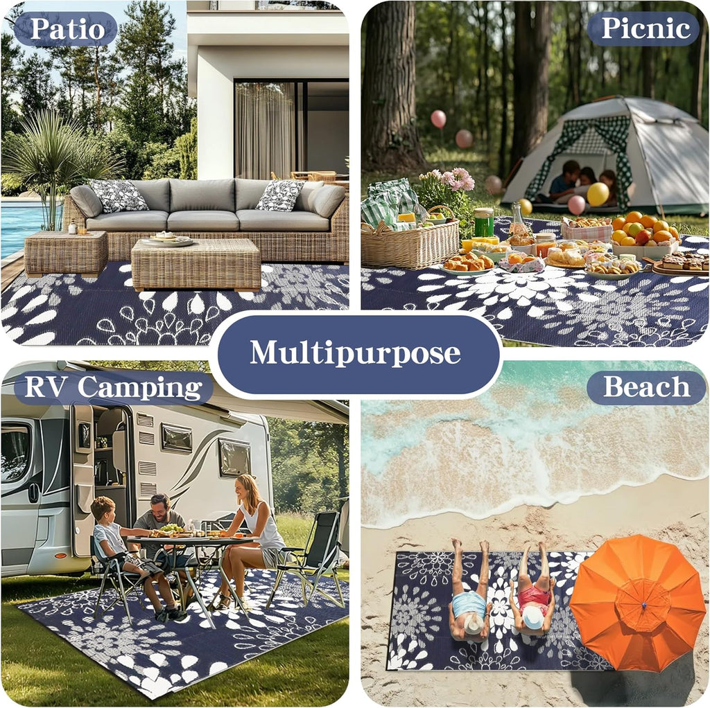 Outdoor Rug, Flower Blue & White